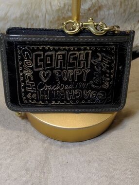 Coach Black Patent Poppy Embossed Gold Tone Chain Card Pouch/ Wristlet NOW $55